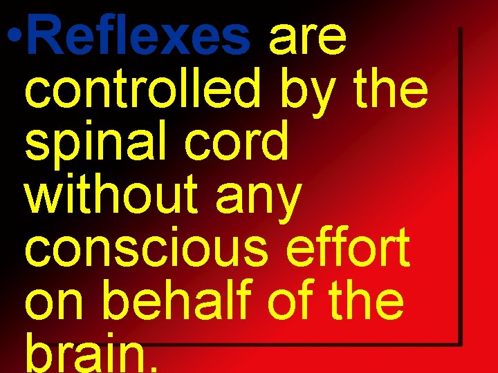  • Reflexes are controlled by the spinal cord without any conscious effort on
