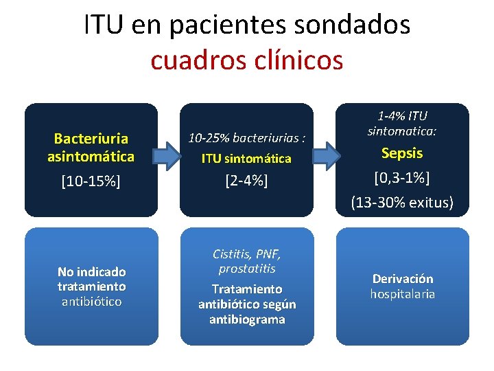 ITU en pacientes sondados cuadros clínicos Bacteriuria asintomática [10 -15%] No indicado tratamiento antibiótico