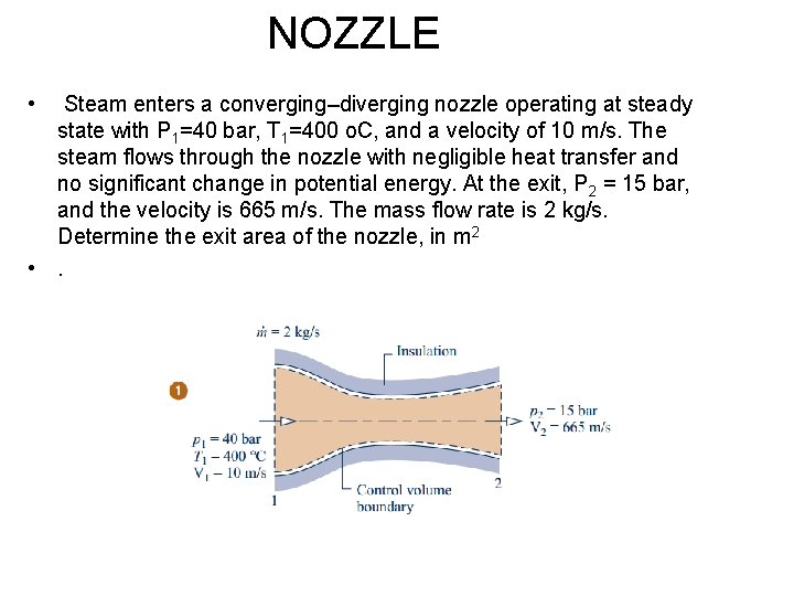 NOZZLE • Steam enters a converging–diverging nozzle operating at steady state with P 1=40