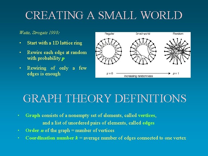 CREATING A SMALL WORLD Watts, Strogatz 1998: • Start with a 1 D lattice CREATING A SMALL WORLD Watts, Strogatz 1998: • Start with a 1 D lattice