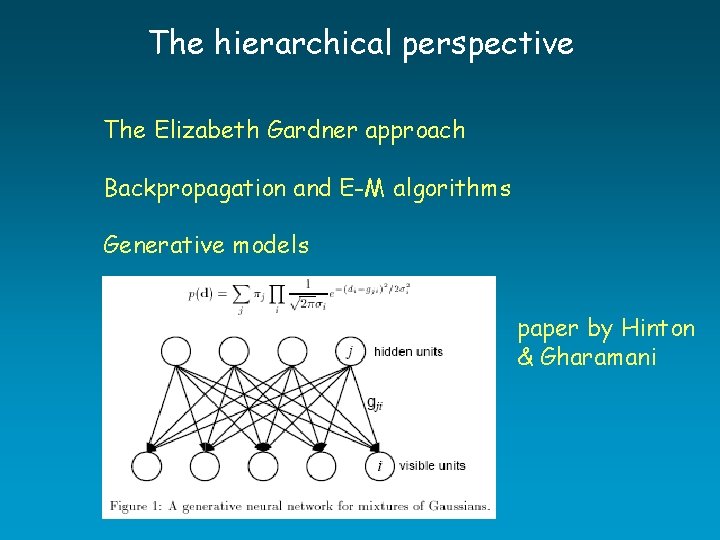 The hierarchical perspective The Elizabeth Gardner approach Backpropagation and E-M algorithms Generative models paper The hierarchical perspective The Elizabeth Gardner approach Backpropagation and E-M algorithms Generative models paper