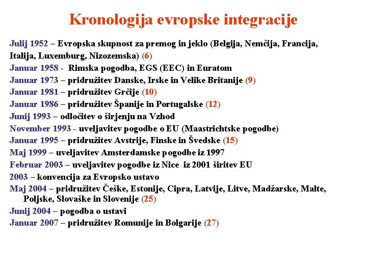 Kronologija evropske integracije Julij 1952 – Evropska skupnost za premog in jeklo (Belgija, Nemčija,