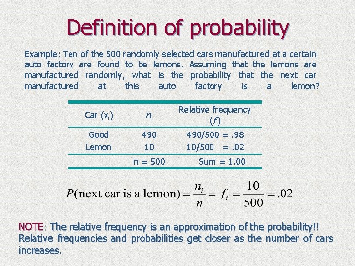 Definition of probability Example: Ten of the 500 randomly selected cars manufactured at a