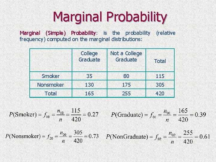 Marginal Probability Marginal (Simple) Probability: Probability is the probability frequency) computed on the marginal