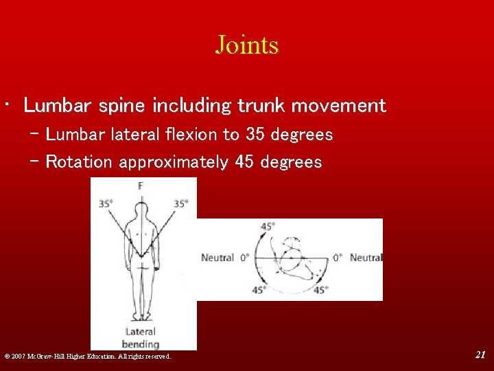 Joints • Lumbar spine including trunk movement – Lumbar lateral flexion to 35 degrees