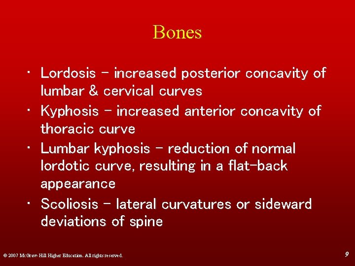 Bones • Lordosis - increased posterior concavity of lumbar & cervical curves • Kyphosis