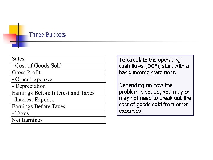 Cash Flows… Three Buckets To calculate the operating cash flows (OCF), start with a