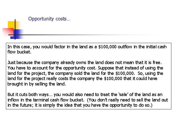 Opportunity costs… In this case, you would factor in the land as a $100,
