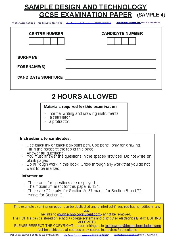 SAMPLE DESIGN AND TECHNOLOGY GCSE EXAMINATION PAPER (SAMPLE 4) WORLD ASSOCIATION OF TECHNOLOGY TEACHERS