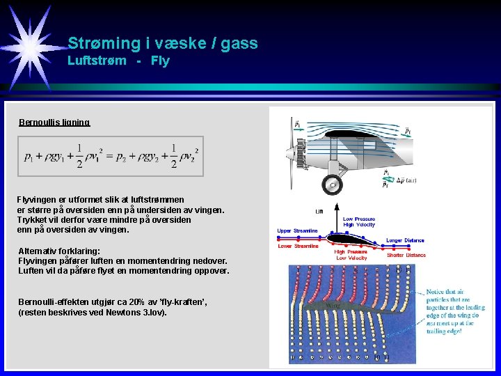 Strøming i væske / gass Luftstrøm - Fly Bernoullis ligning Flyvingen er utformet slik