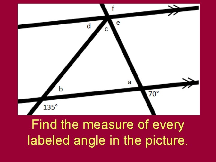 Find the measure of every labeled angle in the picture. 