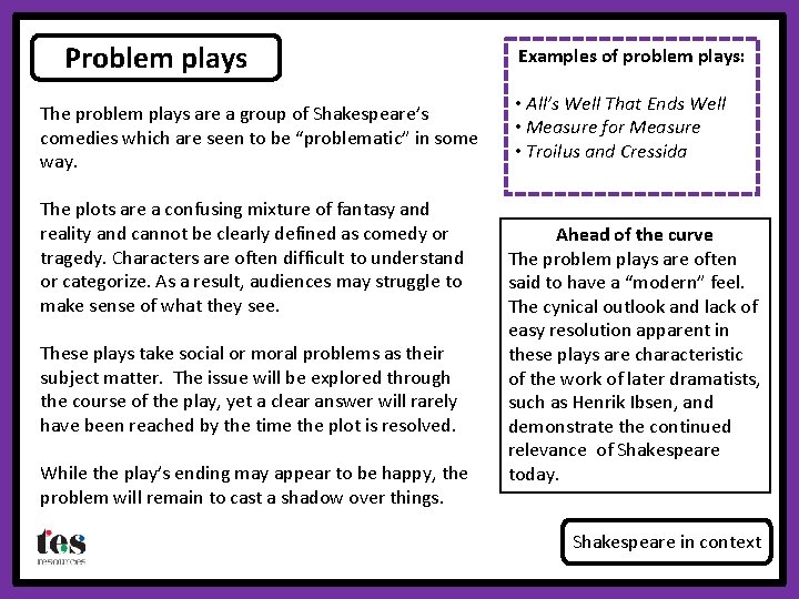 Problem plays The problem plays are a group of Shakespeare’s comedies which are seen