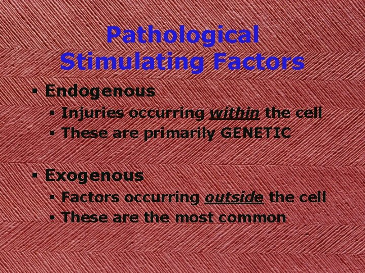 Pathological Stimulating Factors § Endogenous § Injuries occurring within the cell § These are