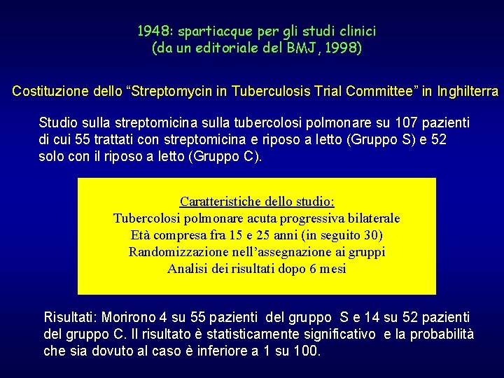 1948: spartiacque per gli studi clinici (da un editoriale del BMJ, 1998) Costituzione dello