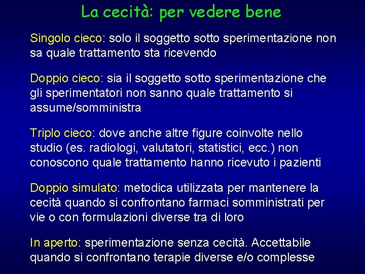 La cecità: per vedere bene Singolo cieco: solo il soggetto sotto sperimentazione non sa La cecità: per vedere bene Singolo cieco: solo il soggetto sotto sperimentazione non sa
