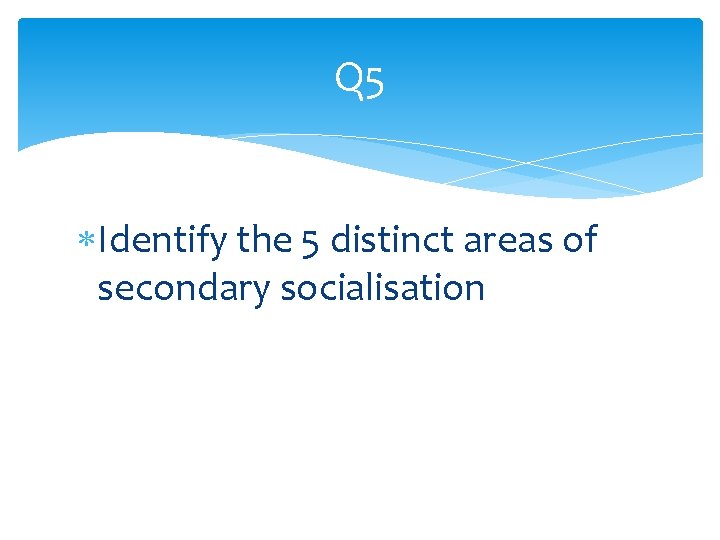 Q 5 Identify the 5 distinct areas of secondary socialisation 