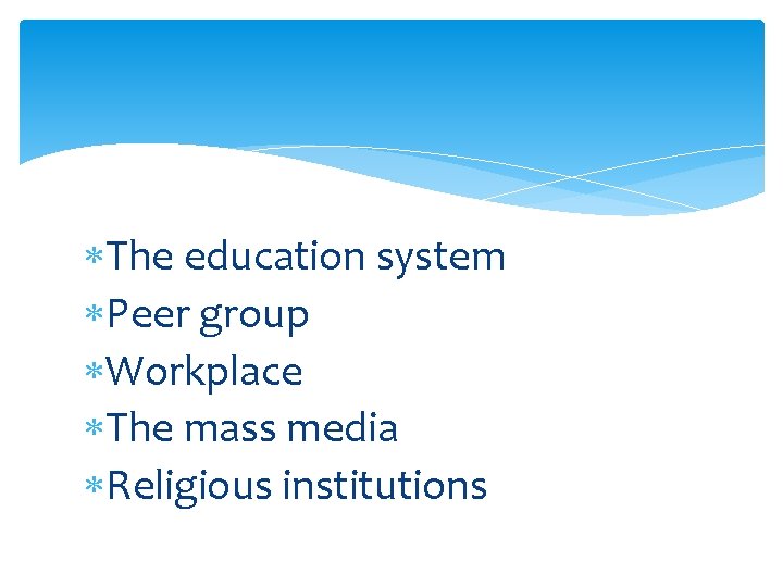  The education system Peer group Workplace The mass media Religious institutions 