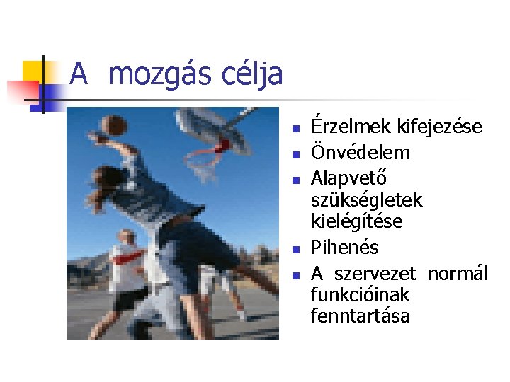 A mozgás célja n n n Érzelmek kifejezése Önvédelem Alapvető szükségletek kielégítése Pihenés A