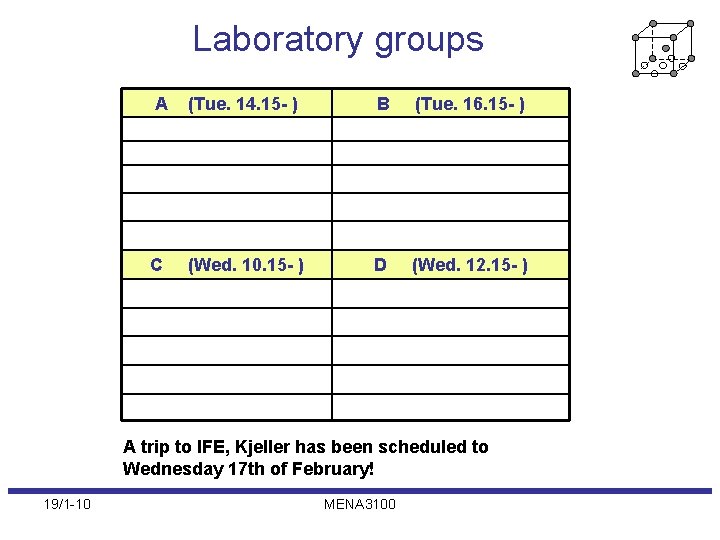 Laboratory groups A C (Tue. 14. 15 - ) B (Tue. 16. 15 -