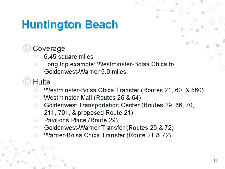 Huntington Beach ◎ Coverage ○ 6. 45 square miles ○ Long trip example: Westminster-Bolsa