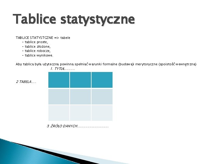 Tablice statystyczne TABLICE STATYSTCZNE => tabele - tablice proste, - tablice złożone, - tablice