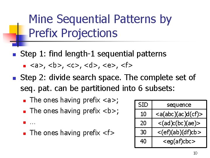 Mine Sequential Patterns by Prefix Projections n Step 1: find length-1 sequential patterns n