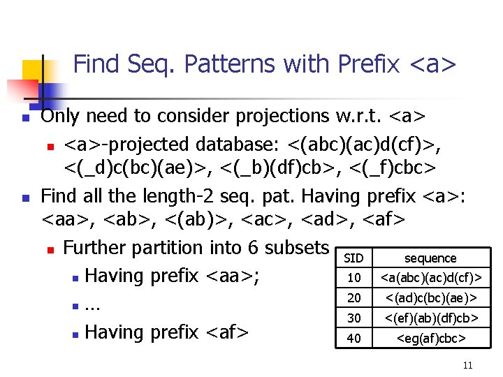 Find Seq. Patterns with Prefix <a> n n Only need to consider projections w.