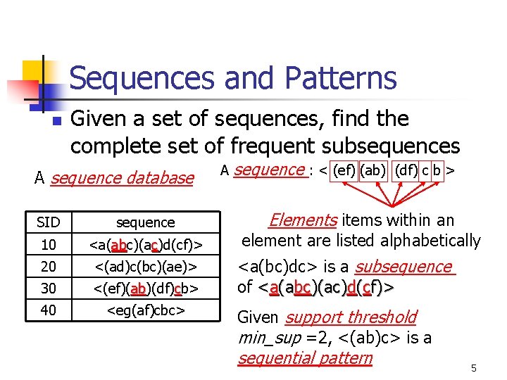 Sequences and Patterns n Given a set of sequences, find the complete set of