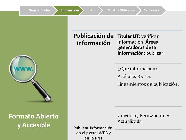 Generalidades Información ITEI Sujetos Obligados Publicación de información Sanciones Titular UT: verificar información. Áreas