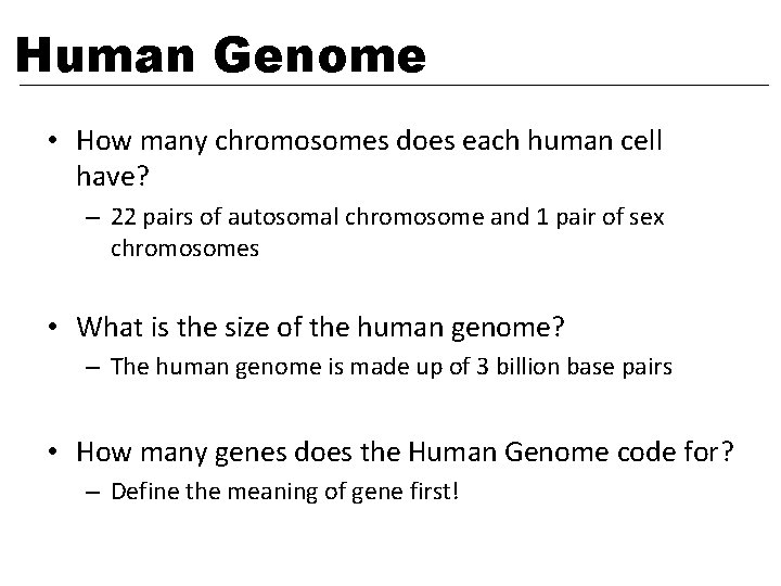 Human Genome • How many chromosomes does each human cell have? – 22 pairs