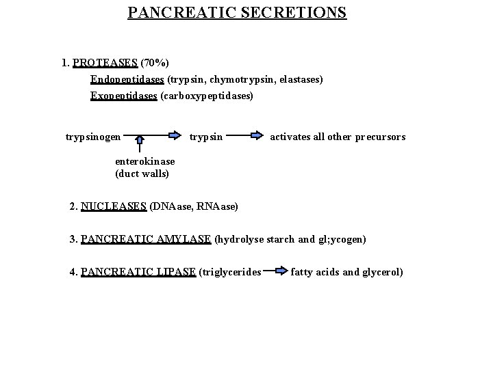 PANCREATIC SECRETIONS 1. PROTEASES (70%) Endopeptidases (trypsin, chymotrypsin, elastases) Exopeptidases (carboxypeptidases) trypsinogen trypsin activates