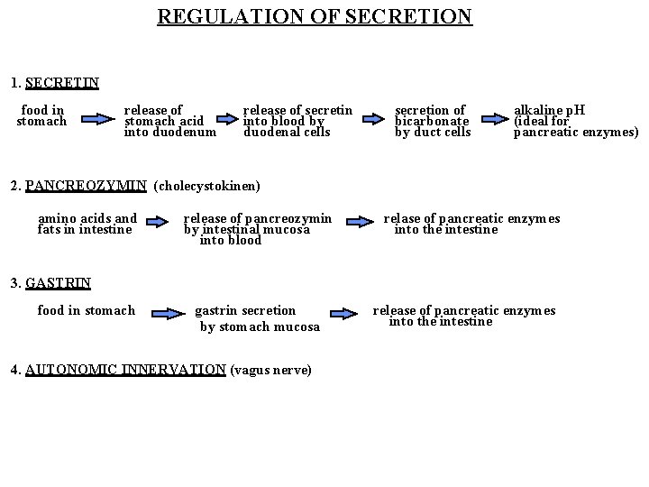 REGULATION OF SECRETION 1. SECRETIN food in stomach release of stomach acid into duodenum