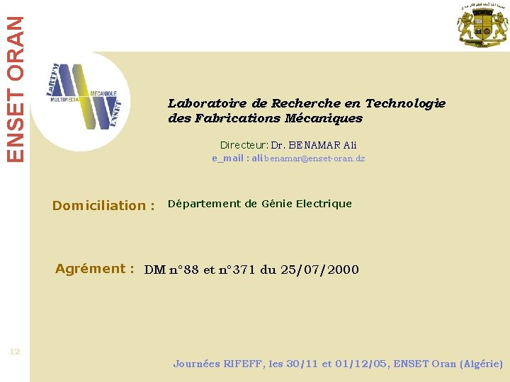 ENSET ORAN Le département de Physique-Chimie … Laboratoire de Recherche en Technologie des Fabrications