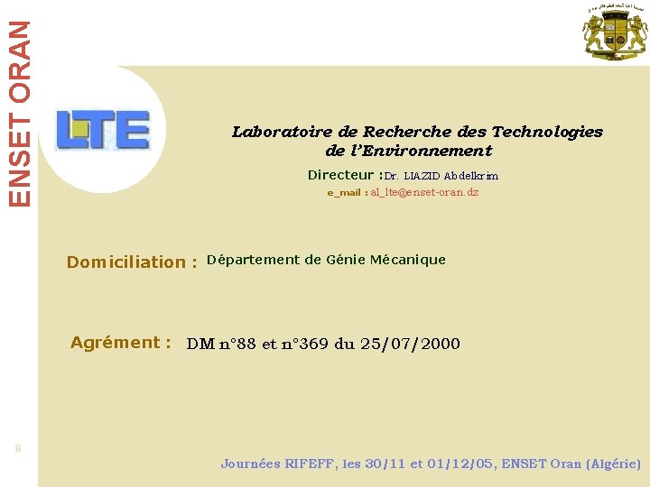 ENSET ORAN Le département de Physique-Chimie … Laboratoire de Recherche des Technologies de l’Environnement