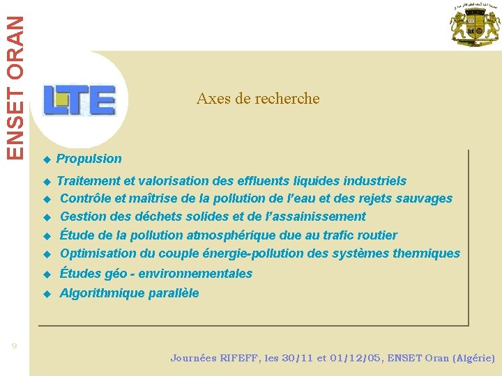 ENSET ORAN Axes de recherche u Propulsion Traitement et valorisation des effluents liquides industriels