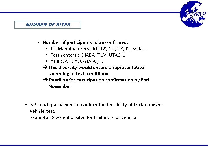 NUMBER OF SITES • Number of participants to be confirmed: • EU Manufacturers :