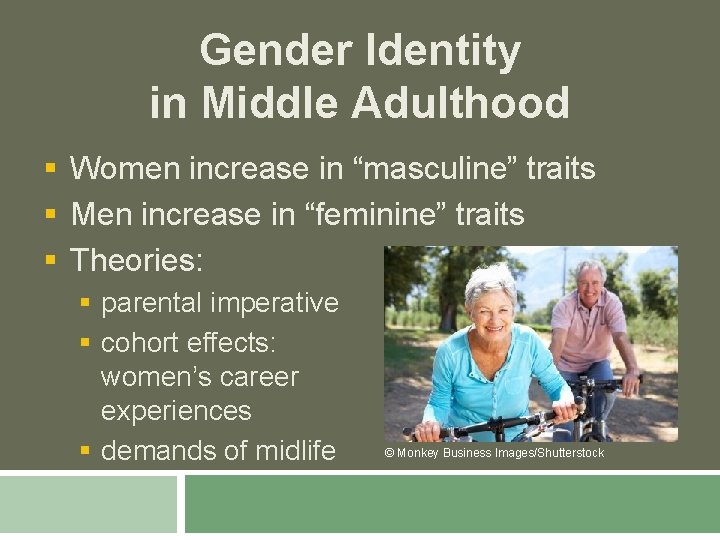 Gender Identity in Middle Adulthood § Women increase in “masculine” traits § Men increase