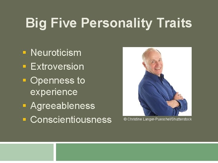 Big Five Personality Traits § Neuroticism § Extroversion § Openness to experience § Agreeableness