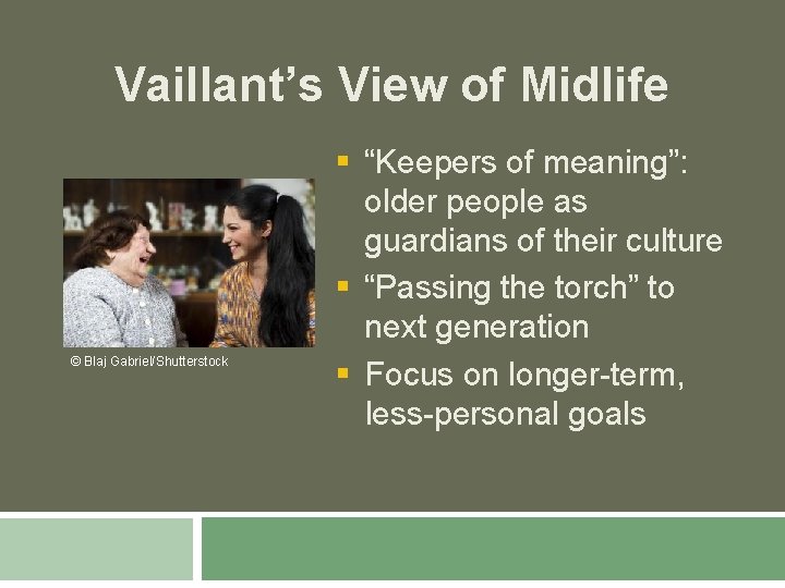 Vaillant’s View of Midlife © Blaj Gabriel/Shutterstock § “Keepers of meaning”: older people as