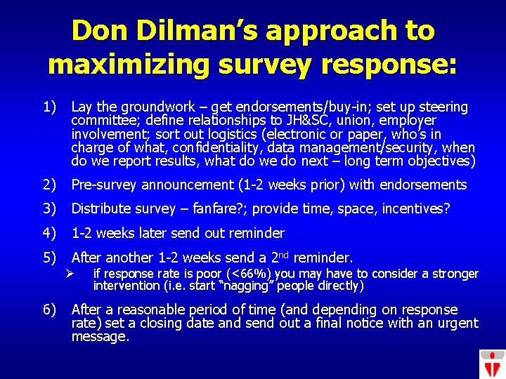 Don Dilman’s approach to maximizing survey response: 1) Lay the groundwork – get endorsements/buy-in;