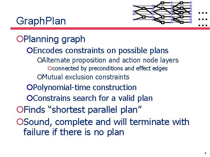 Graph. Plan … … … ¡Planning graph ¡Encodes constraints on possible plans ¡Alternate proposition