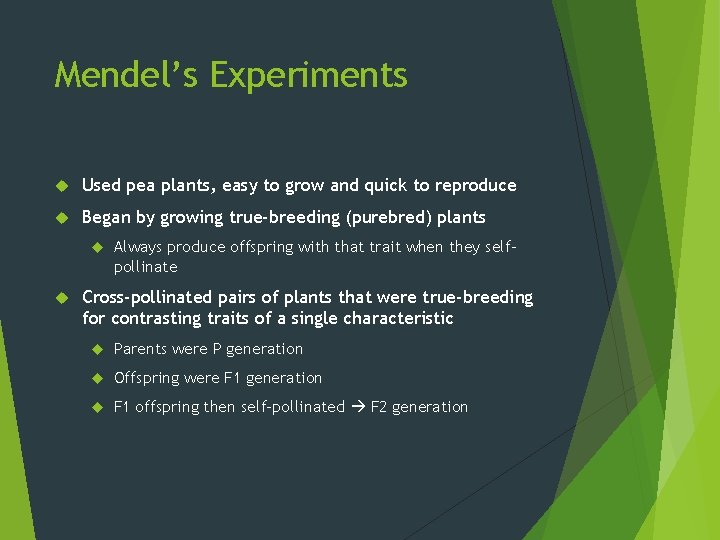 Mendel’s Experiments Used pea plants, easy to grow and quick to reproduce Began by