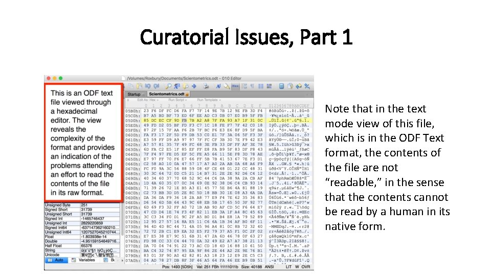 Curatorial Issues, Part 1 Note that in the text mode view of this file,