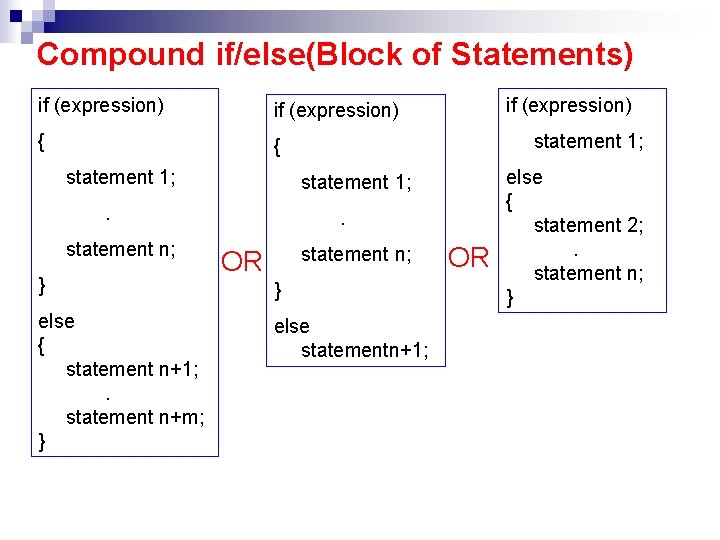 Compound if/else(Block of Statements) if (expression) { { statement 1; } else { statement