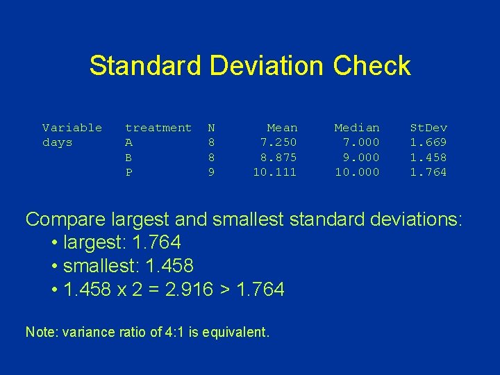 Standard Deviation Check Variable days treatment A B P N 8 8 9 Mean