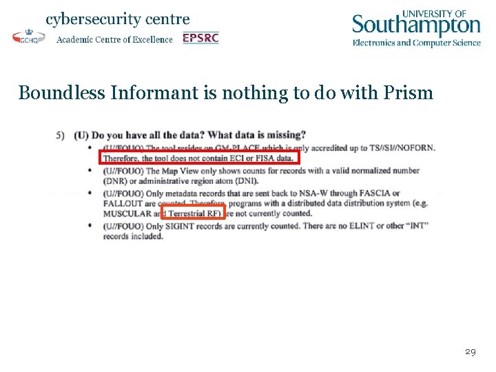 Boundless Informant is nothing to do with Prism 29 