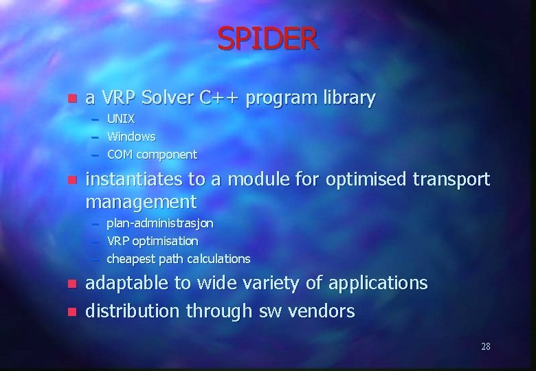 SPIDER n a VRP Solver C++ program library – – – n UNIX Windows