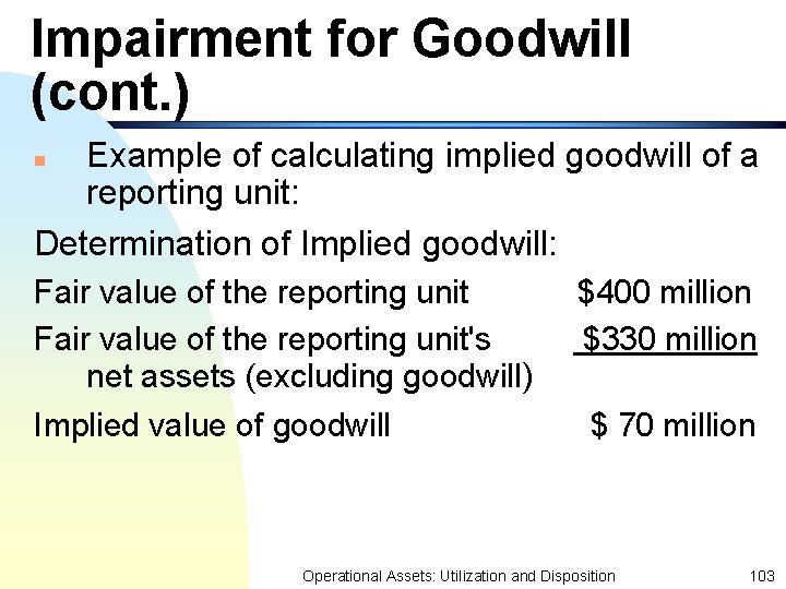 Impairment for Goodwill (cont. ) Example of calculating implied goodwill of a reporting unit: