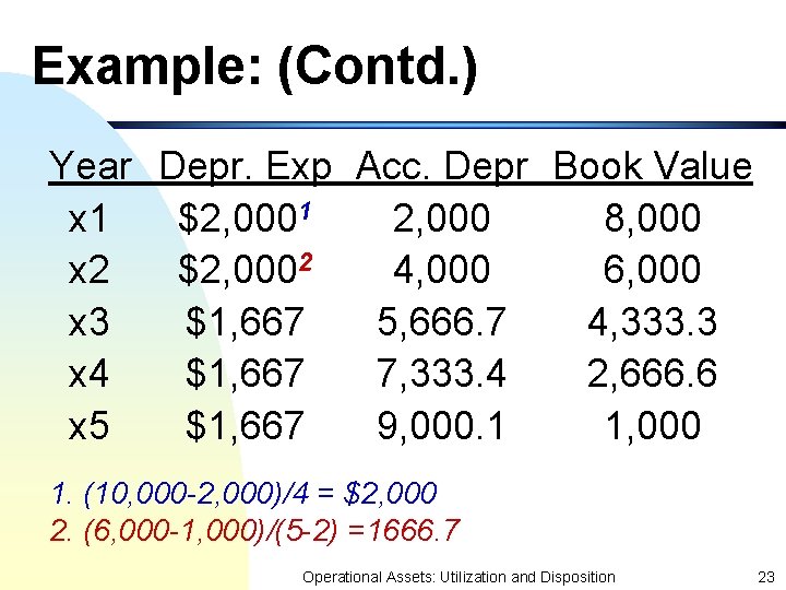 Example: (Contd. ) Year Depr. Exp Acc. Depr Book Value x 1 $2, 0001