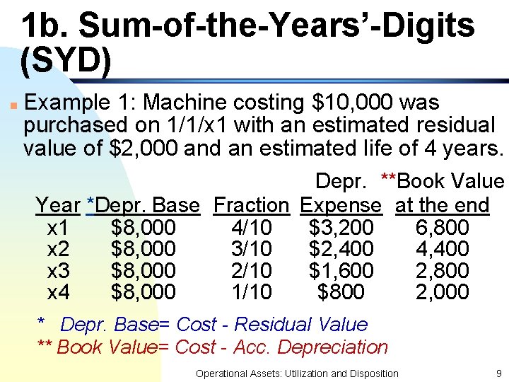 1 b. Sum-of-the-Years’-Digits (SYD) n Example 1: Machine costing $10, 000 was purchased on